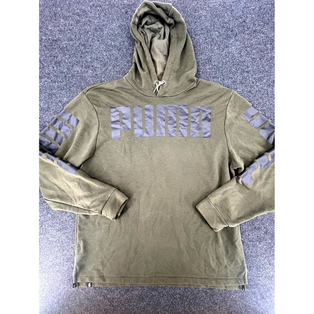Puma Hoodie Mens XL Olive Green Cotton Side Slit Kangaroo Pockets‎ Performance